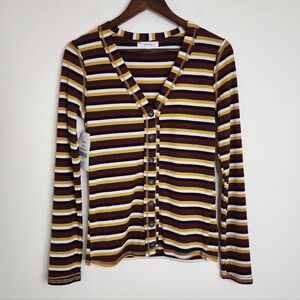 Hashttag Vibrant Striped V-Neck Button-Up Long Sleeve Top Medium Fall Streetwear
